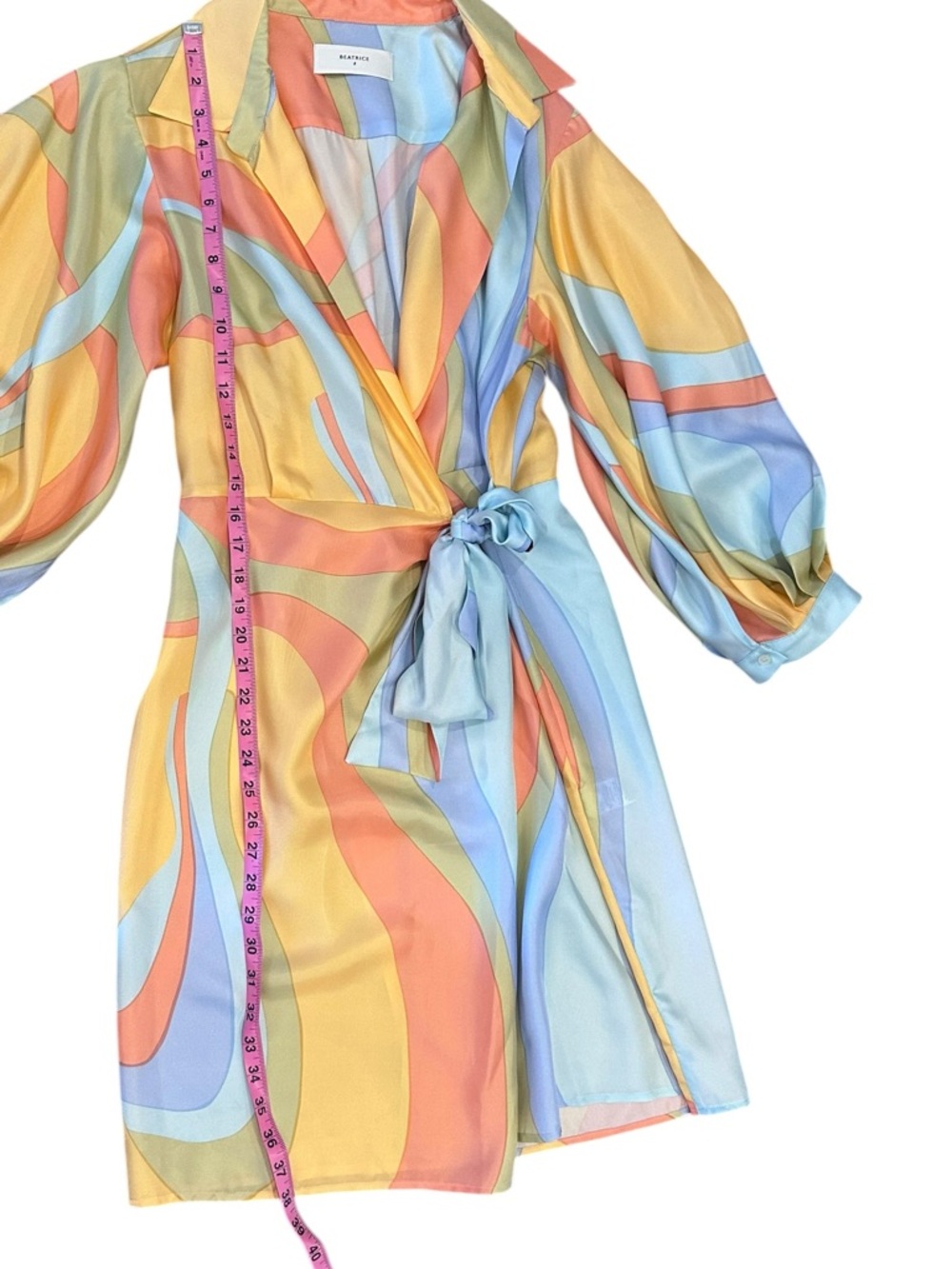 Women’s SHORT WRAP OVER SILK DRESS IN SHADES PRINT BY BEATRICE B Large 8 NWOT - Picture 7 of 13